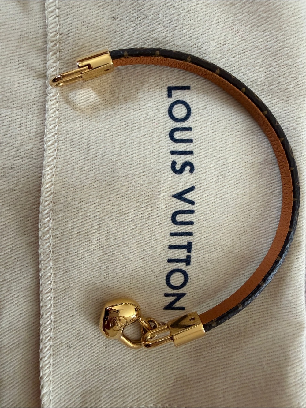 Louis Vuitton Brown Monogram Leather Bracelet with Gold Hardware and Charm